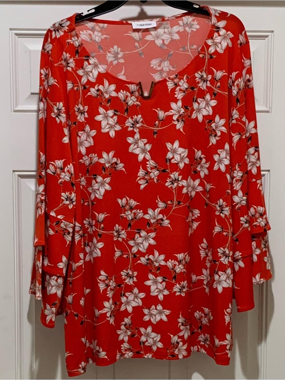 Calvin Klein Coral-Red Floral Dress Top Metallic V logo cutout at neck 2XL - Picture 10 of 10